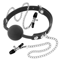 Knebel z klipsami na sutki - Silicone Gag Ball With Nipple Clamps