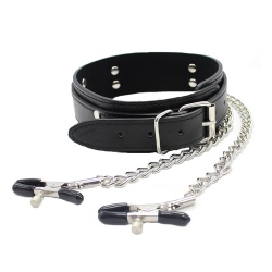 Obroża BDSM z zaciskami na sutki - Fetish addict collar nipple clamps