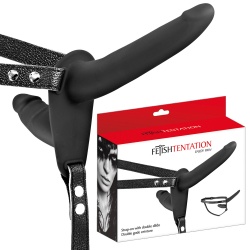 Strap on na uprzęży z dwoma różnej wielkości penisami. Czarny