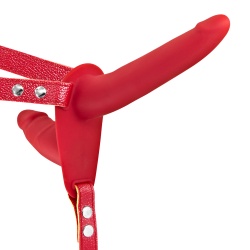 Penis, podwójny strap on z wibracjami - Vibrating Strap-on with Double Dildo Red
