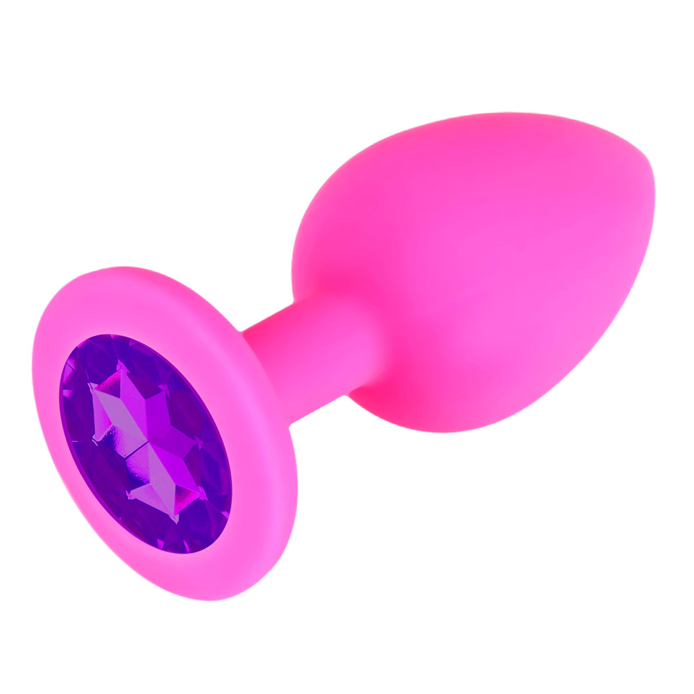 Korek analny, silikonowy plug różowy z fioletowym ciemnym kryształkiem