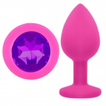 Korek analny, silikonowy plug różowy z fioletowym ciemnym kryształkiem