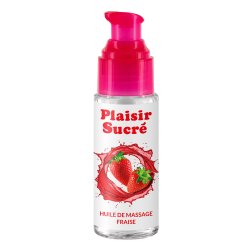 Olejek do masażu o zapachu truskawki Plaisir Sucré w eleganckiej butelce z różowym dozownikiem ideal