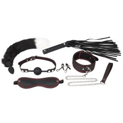Kompletny zestaw BDSM 7 w 1 – zawiera obrożę z łańcuchem, knebel, opaskę na oczy, kajdanki na sutki,