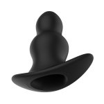 Detal czarnego silikonowego korka analnego Hollow Anal Plug z otworem wewnętrznym i falistą formą dl