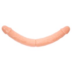 Podwójny dildo realistyczny w kolorze cielistym z wyraźnym odwzorowaniem żył i anatomicznych detali,