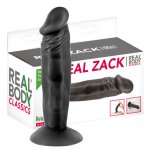 Opakowanie czarnego dildo Real Zack o długości 16 cm i średnicy 3,7 cm z realistycznym dotykiem skór