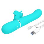 Turkusowy wibrator króliczek z wielofunkcyjnymi trybami wibracji i ergonomicznym uchwytem.