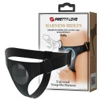 Solidna uprząż do strap-on z szerokimi pasami i okrągłym otworem na dildo z przyssawką do komfortowe