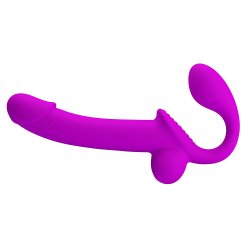 Realistyczny strap-on z funkcją wytrysku wykonany z medycznego silikonu w kolorze fioletowym.