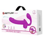 Silikonowy strap-on w kolorze fioletowym z realistycznym kształtem i funkcją wytrysku.